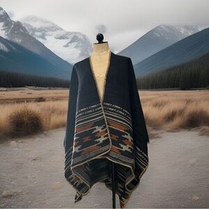 Western Aztec Tribal Design Shawl/Poncho Navy One Size